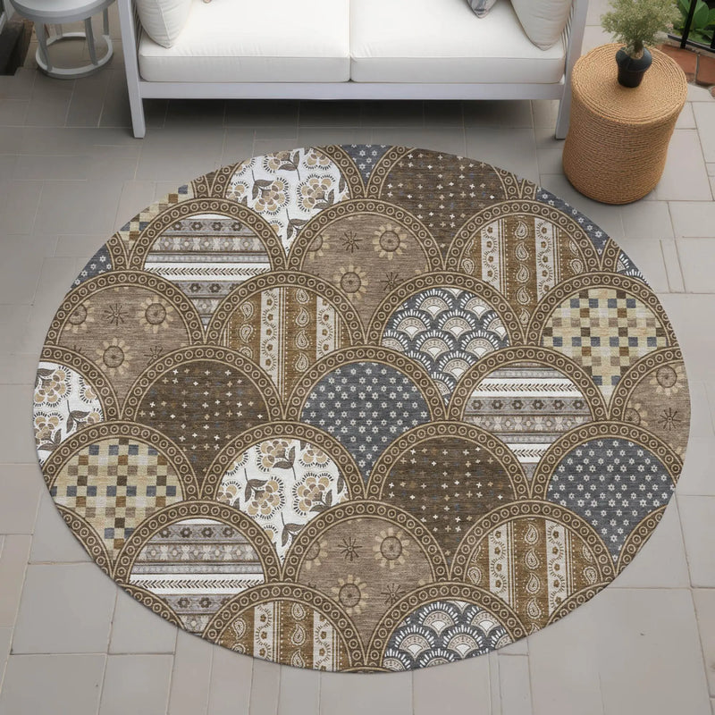 8' Chocolate And Brown Round Geometric Washable Indoor Outdoor Area Rug Homeroots Outdoor