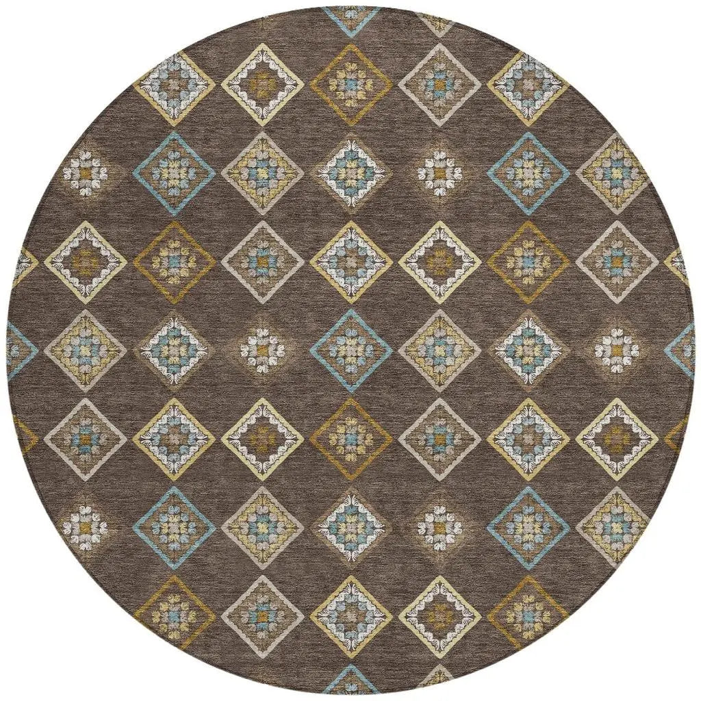 8' Chocolate And Brown Round Geometric Washable Indoor Outdoor Area Rug Homeroots Outdoor