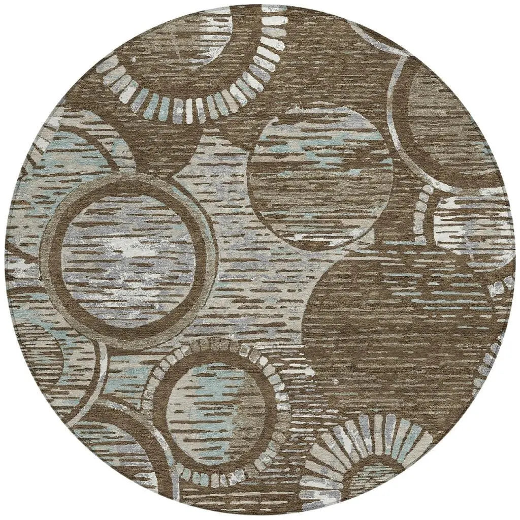 8' Chocolate And Brown Round Geometric Washable Indoor Outdoor Area Rug Homeroots Outdoor