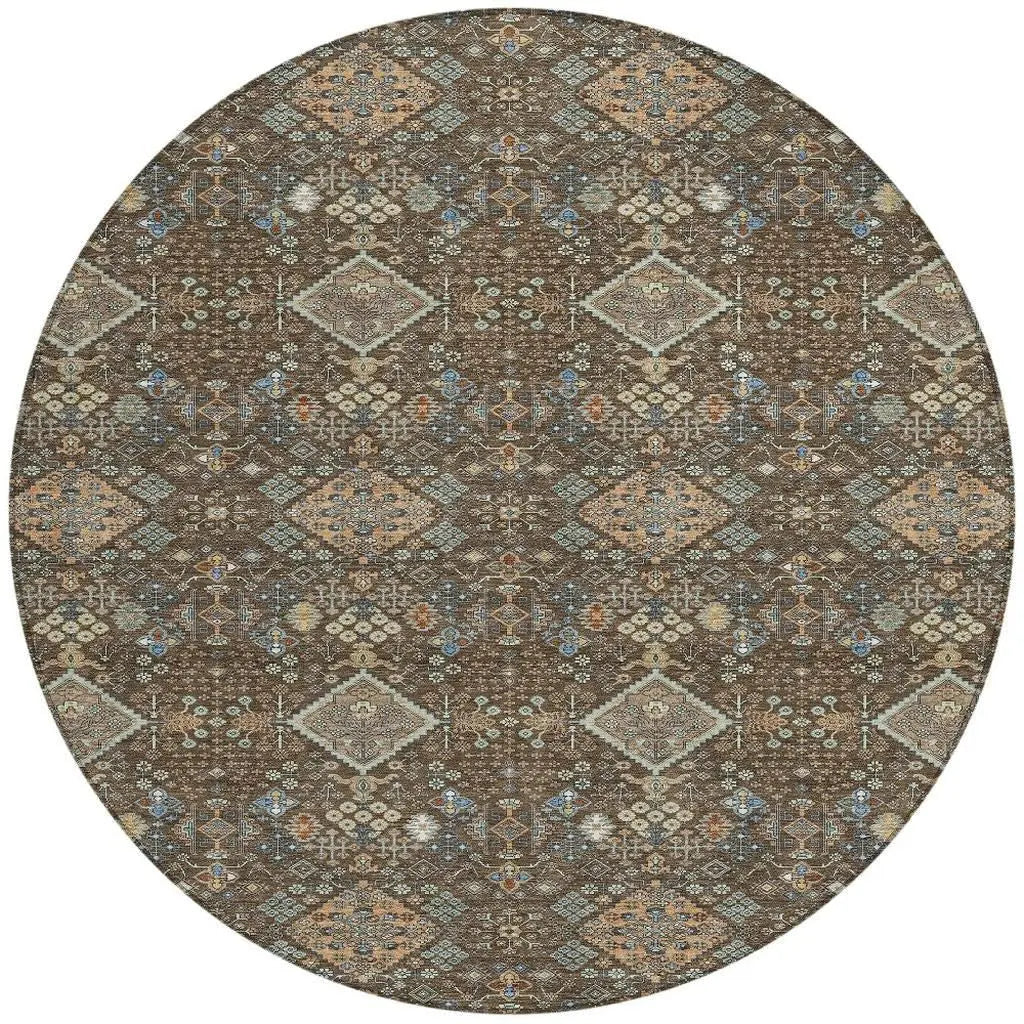 8' Chocolate And Brown Round Geometric Washable Indoor Outdoor Area Rug Homeroots Outdoor