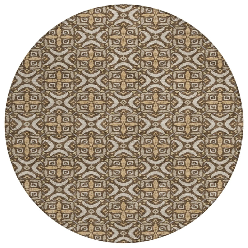 8' Chocolate And Brown Round Geometric Washable Indoor Outdoor Area Rug Homeroots Outdoor