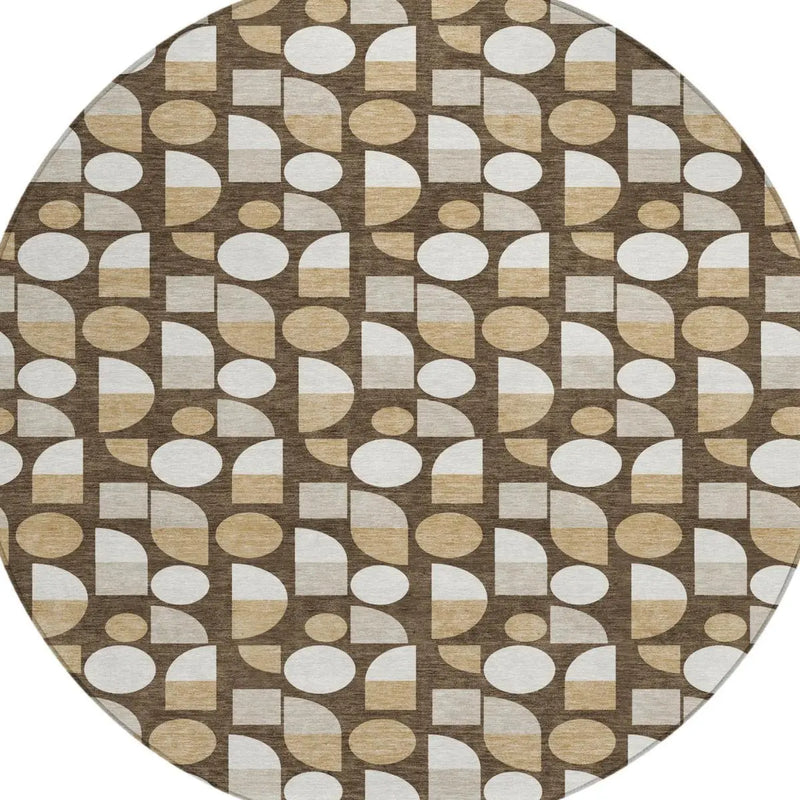 8' Chocolate And Brown Round Geometric Washable Indoor Outdoor Area Rug Homeroots Outdoor