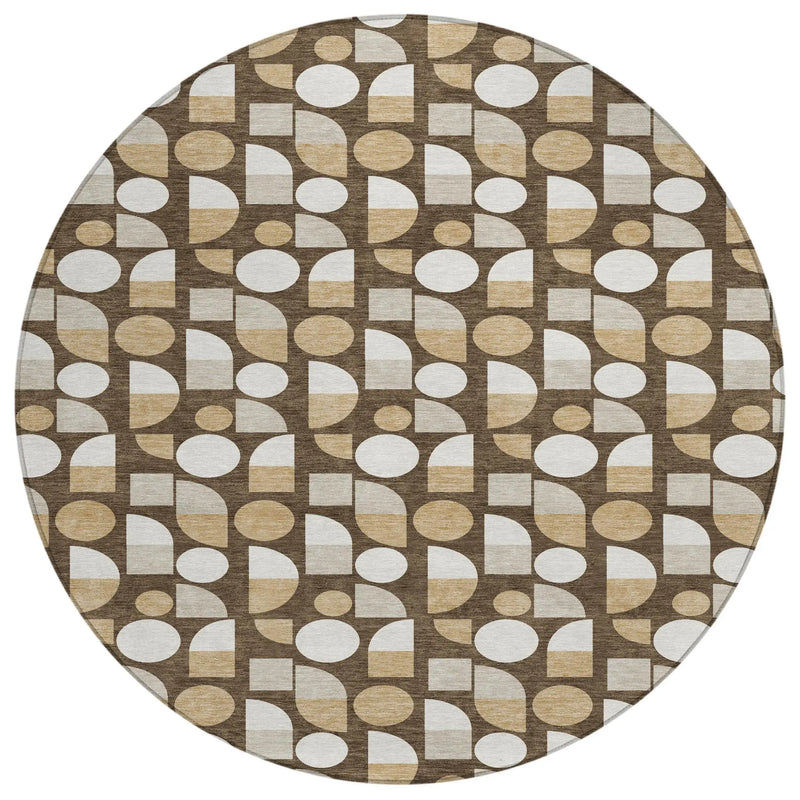 8' Chocolate And Brown Round Geometric Washable Indoor Outdoor Area Rug Homeroots Outdoor