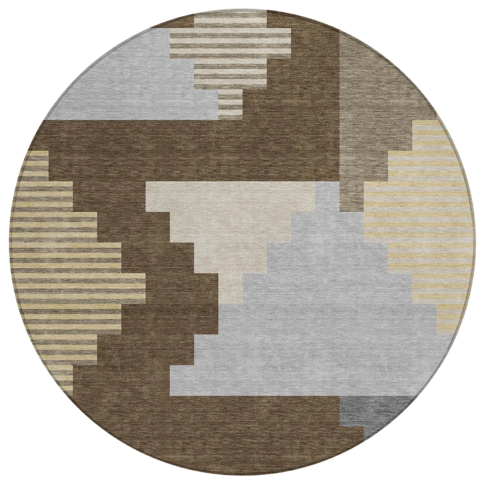 8' Chocolate And Brown Round Geometric Washable Indoor Outdoor Area Rug Homeroots Outdoor