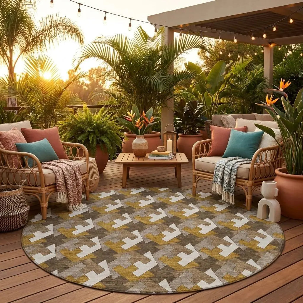 8' Chocolate And Brown Round Geometric Washable Indoor Outdoor Area Rug Homeroots Outdoor