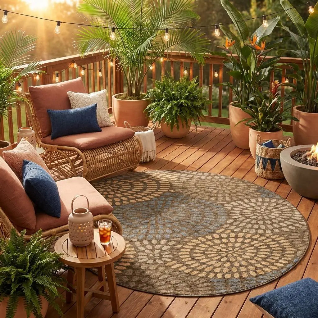8' Chocolate And Brown Round Geometric Washable Indoor Outdoor Area Rug Homeroots Outdoor