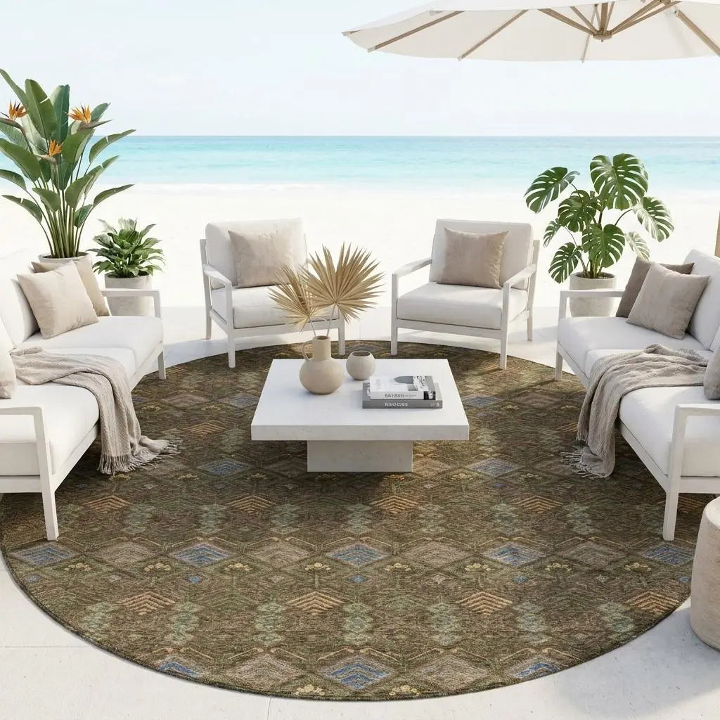 8' Chocolate And Brown Round Geometric Washable Indoor Outdoor Area Rug Homeroots Outdoor