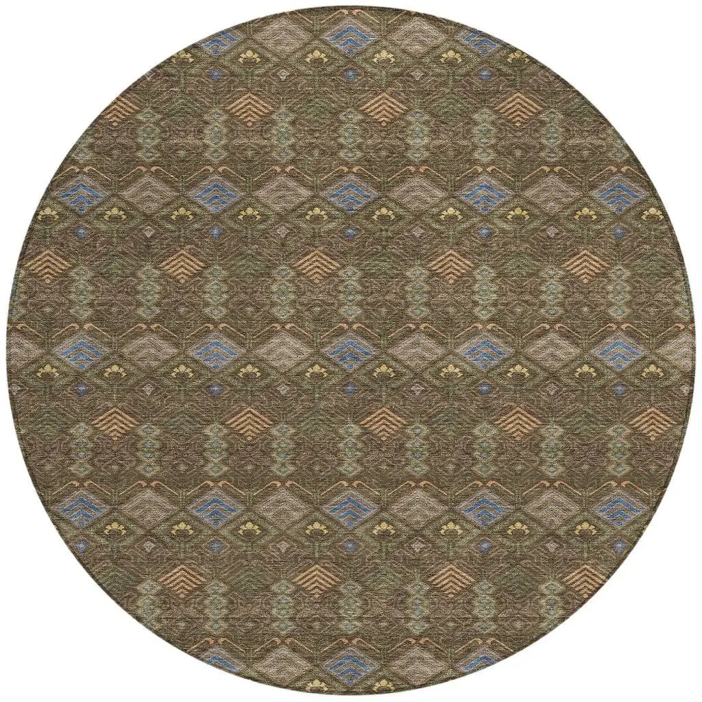 8' Chocolate And Brown Round Geometric Washable Indoor Outdoor Area Rug Homeroots Outdoor