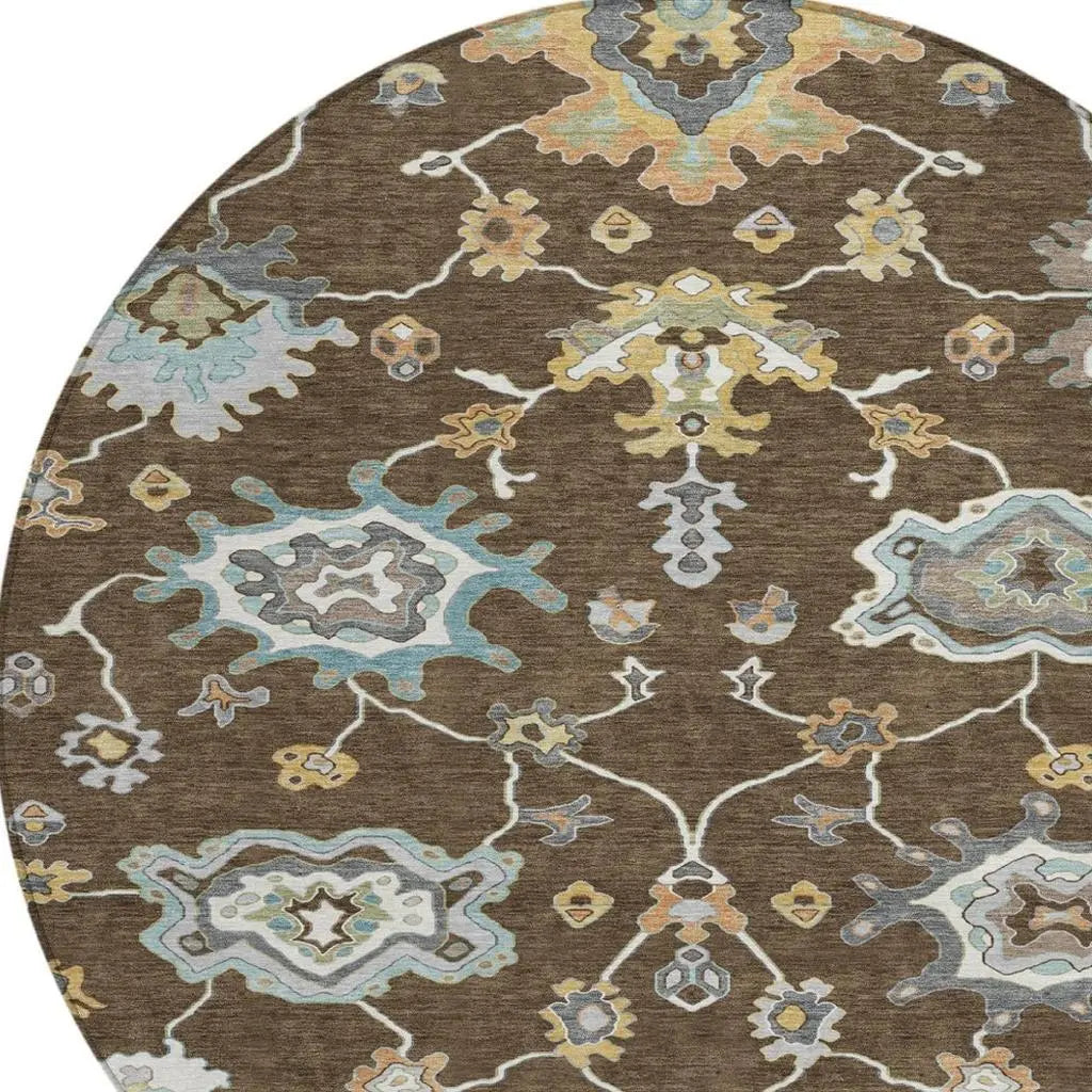 8' Chocolate And Brown Round Oriental Washable Indoor Outdoor Area Rug Homeroots Outdoor