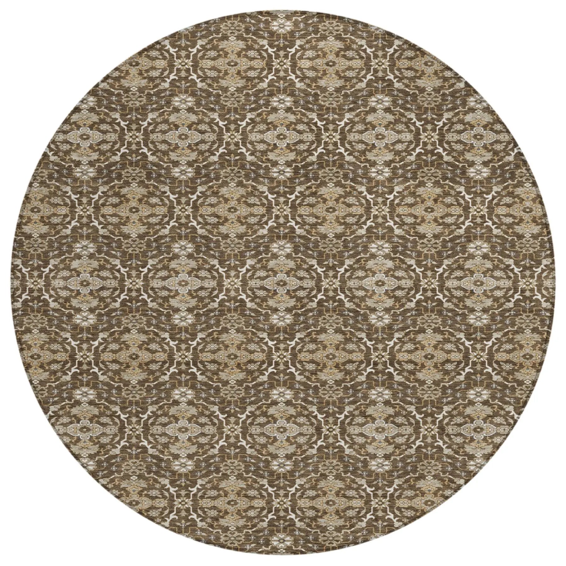 8' Chocolate And Brown Round Oriental Washable Indoor Outdoor Area Rug Homeroots Outdoor