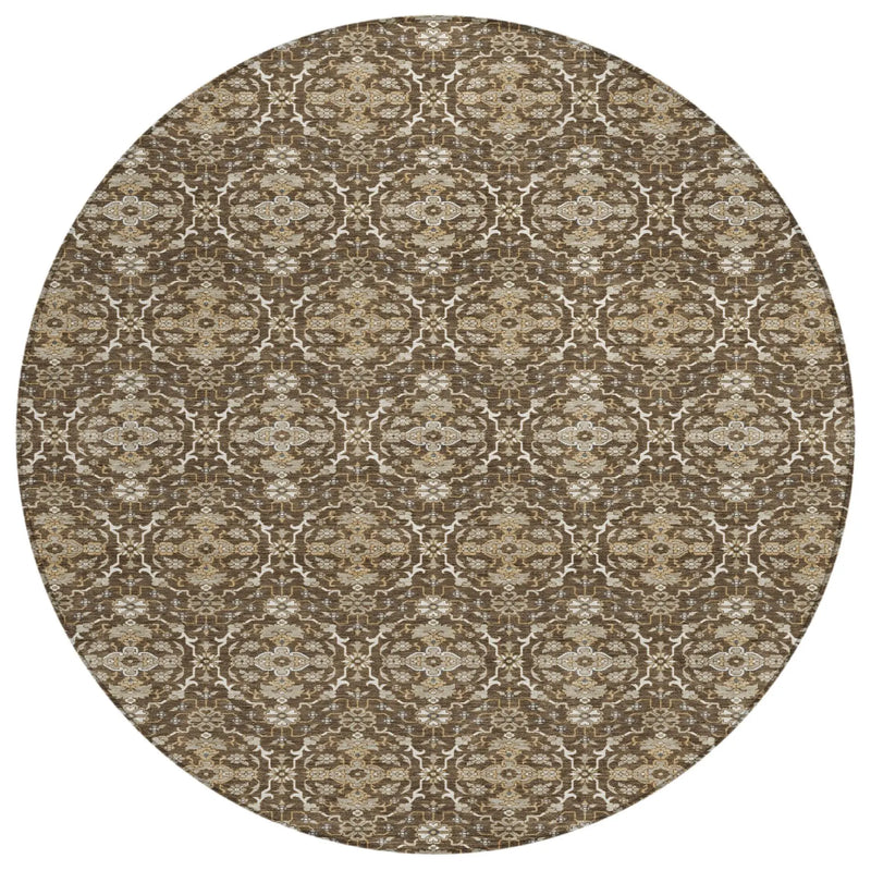 8' Chocolate And Brown Round Oriental Washable Indoor Outdoor Area Rug Homeroots Outdoor