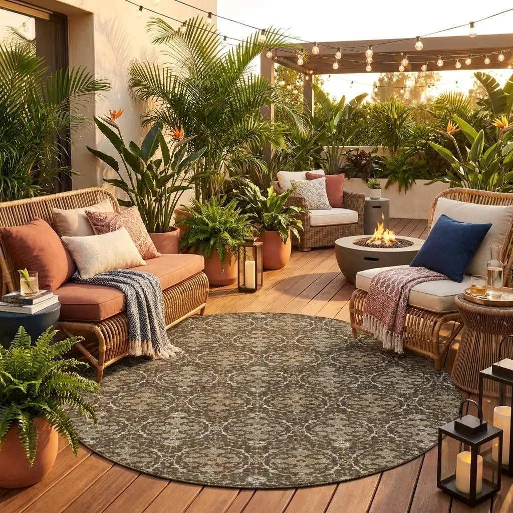 8' Chocolate And Brown Round Oriental Washable Indoor Outdoor Area Rug Homeroots Outdoor