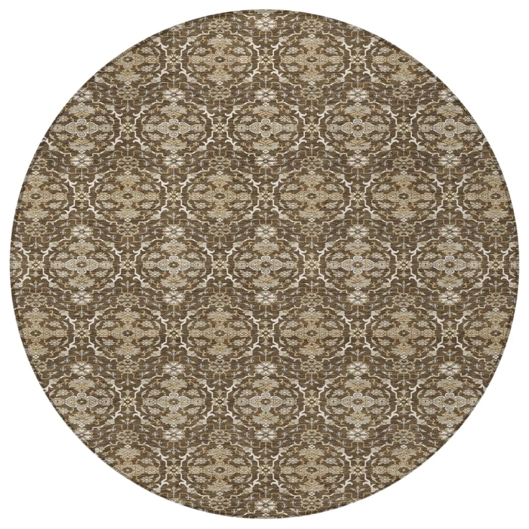 8' Chocolate And Brown Round Oriental Washable Indoor Outdoor Area Rug Homeroots Outdoor