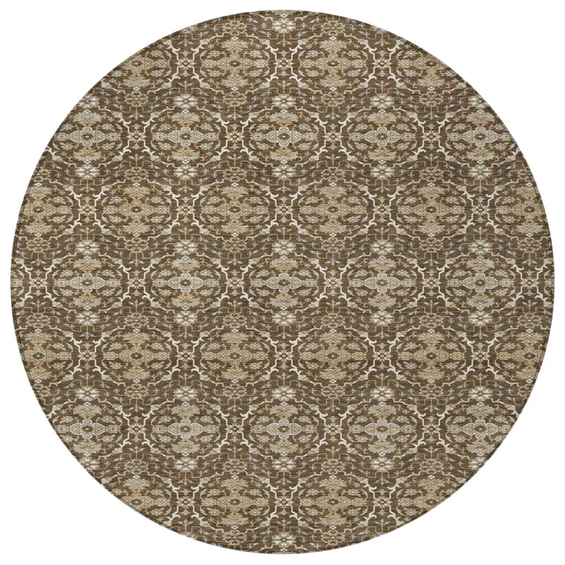 8' Chocolate And Brown Round Oriental Washable Indoor Outdoor Area Rug Homeroots Outdoor