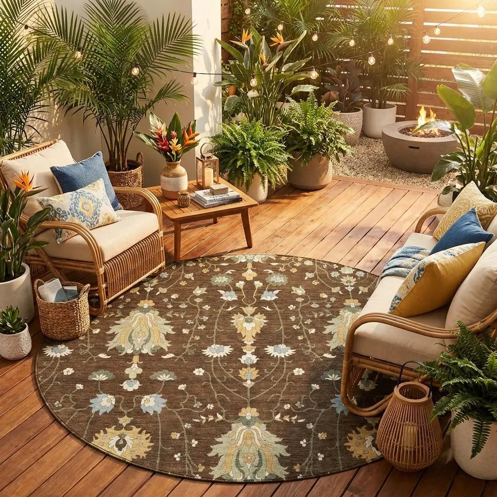 8' Chocolate And Brown Round Oriental Washable Indoor Outdoor Area Rug Homeroots Outdoor