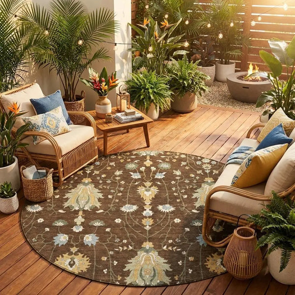 8' Chocolate And Brown Round Oriental Washable Indoor Outdoor Area Rug Homeroots Outdoor