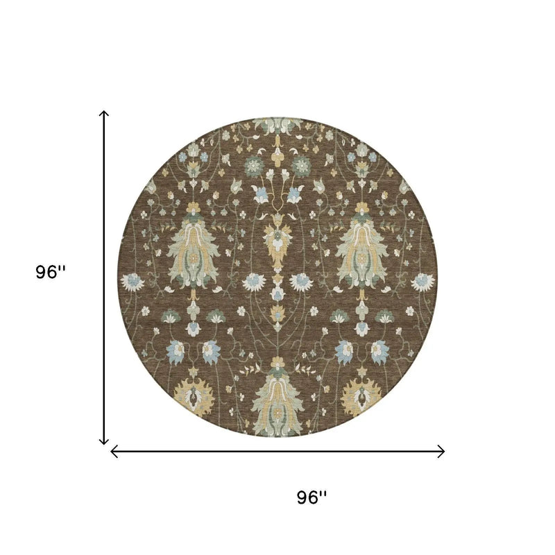 8' Chocolate And Brown Round Oriental Washable Indoor Outdoor Area Rug Homeroots Outdoor