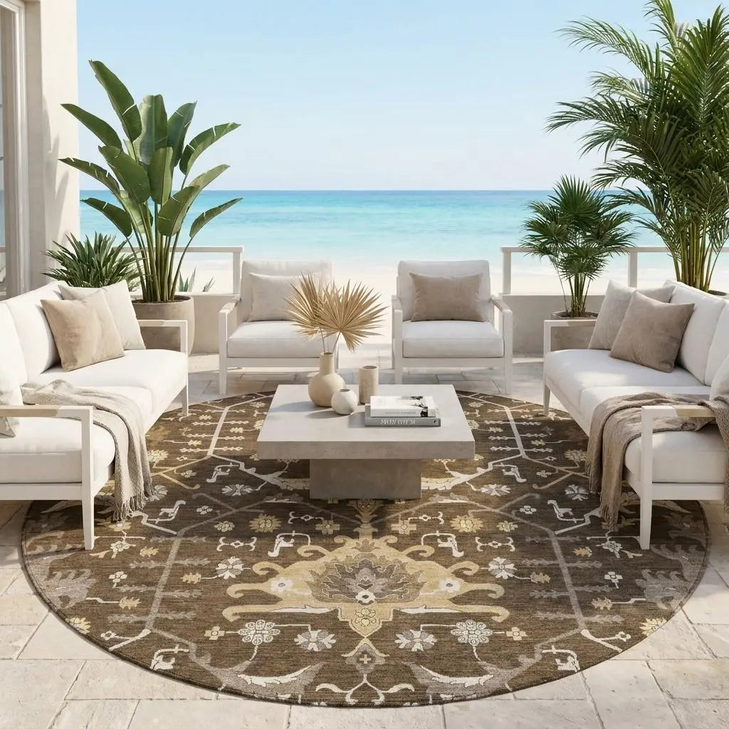 8' Chocolate And Brown Round Oriental Washable Indoor Outdoor Area Rug Homeroots Outdoor
