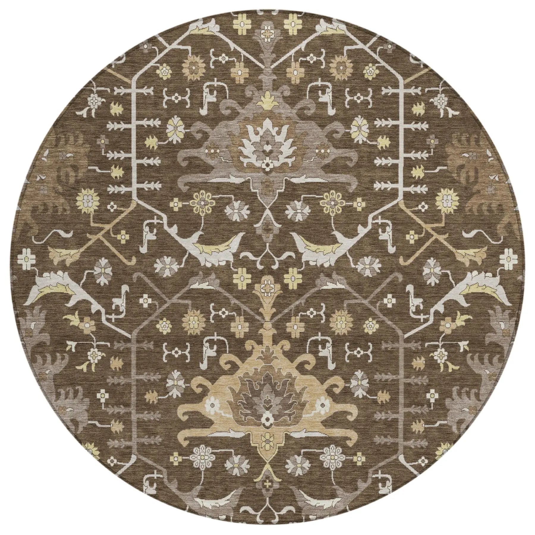 8' Chocolate And Brown Round Oriental Washable Indoor Outdoor Area Rug Homeroots Outdoor