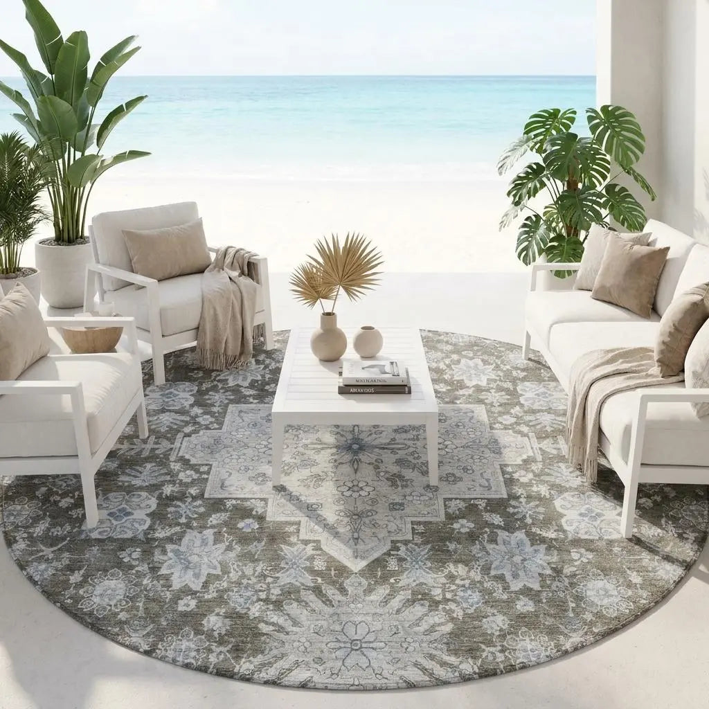 8' Chocolate And Brown Round Oriental Washable Indoor Outdoor Area Rug Homeroots Outdoor
