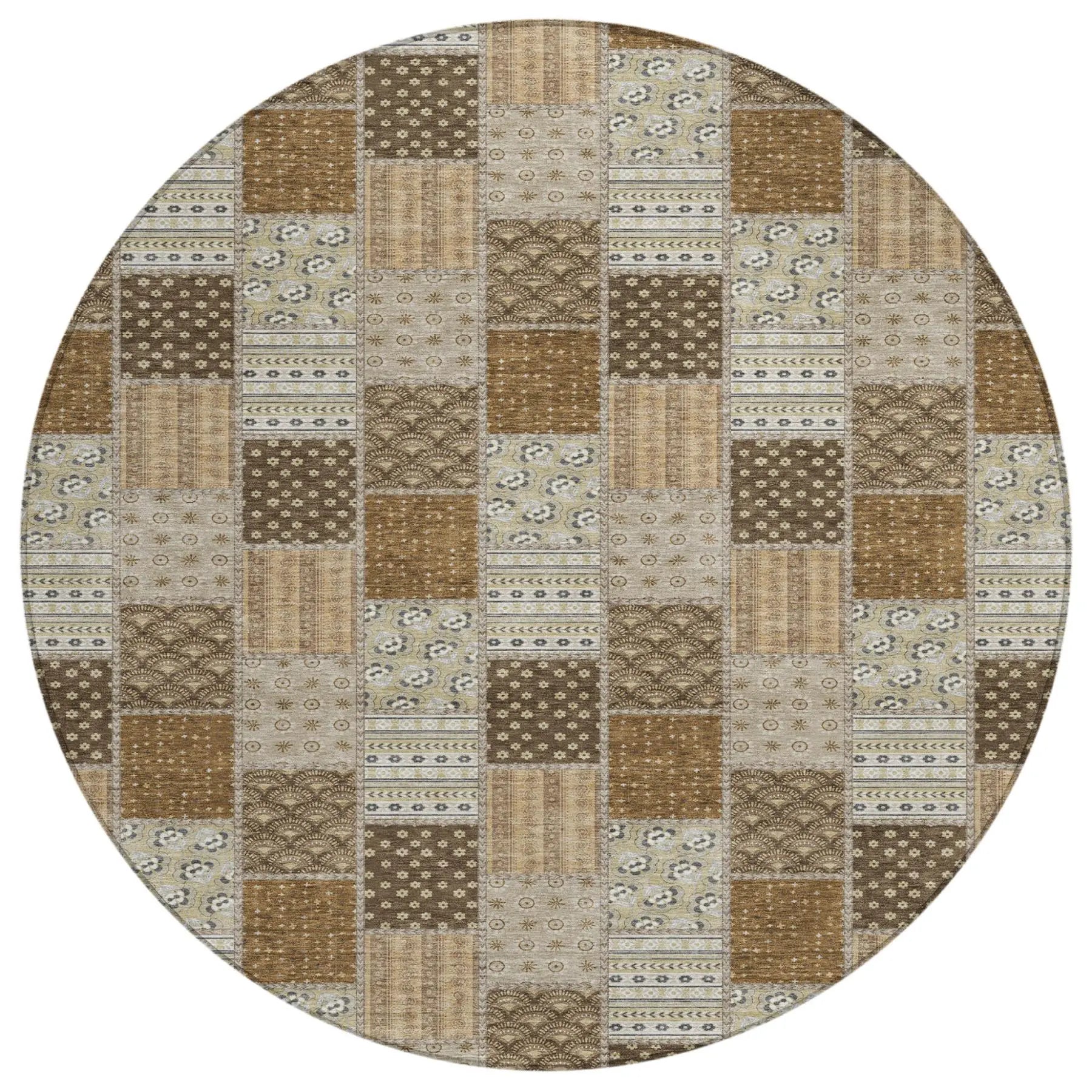 8' Chocolate And Brown Round Patchwork Washable Indoor Outdoor Area Rug Homeroots Outdoor