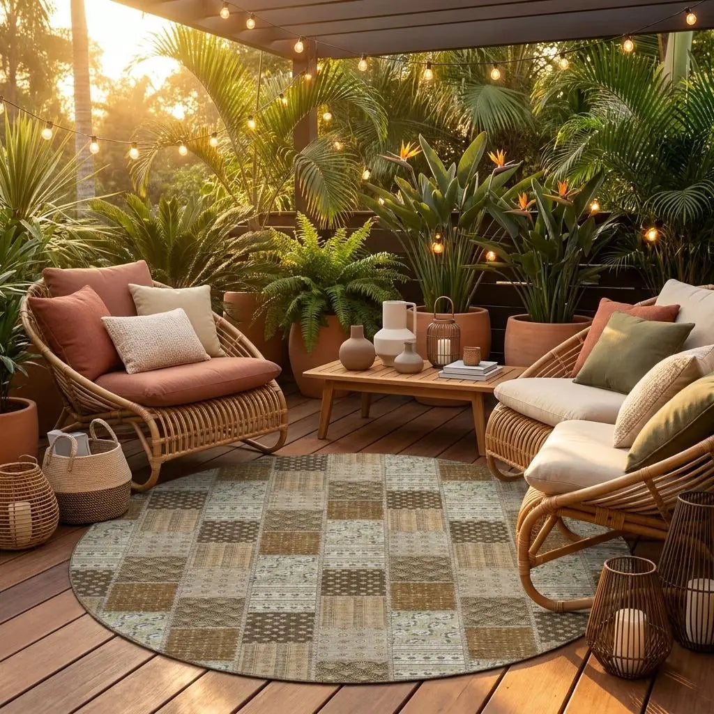 8' Chocolate And Brown Round Patchwork Washable Indoor Outdoor Area Rug Homeroots Outdoor
