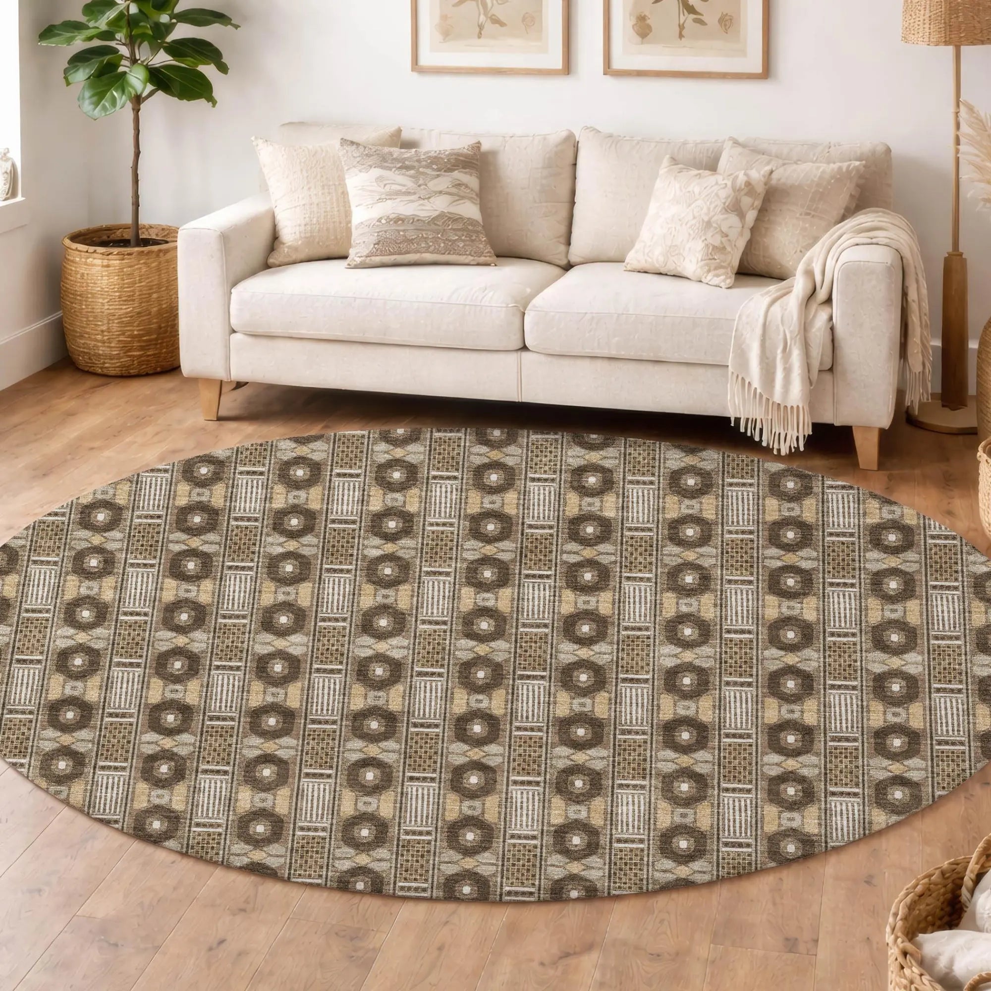8' Chocolate And Brown Round Striped Washable Indoor Outdoor Area Rug Homeroots Outdoor