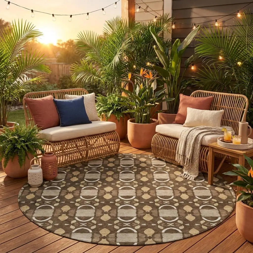 8' Chocolate And Brown Round Striped Washable Indoor Outdoor Area Rug Homeroots Outdoor