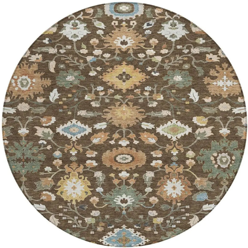 8' Chocolate And Copper Round Floral Medallion Washable Indoor Outdoor Area Rug Homeroots Outdoor