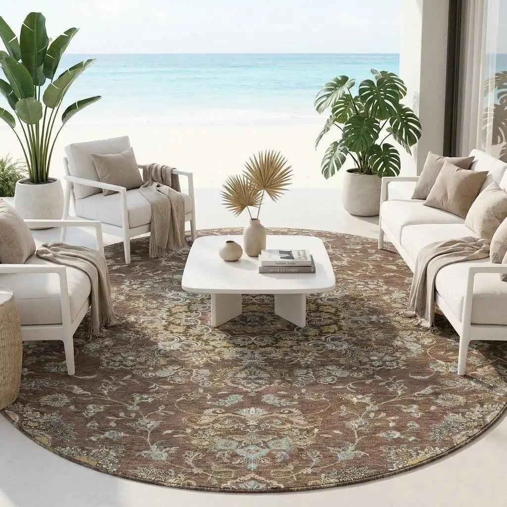 8' Chocolate And Copper Round Floral Medallion Washable Indoor Outdoor Area Rug Homeroots Outdoor