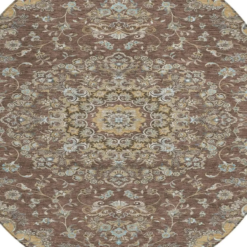 8' Chocolate And Copper Round Floral Medallion Washable Indoor Outdoor Area Rug Homeroots Outdoor