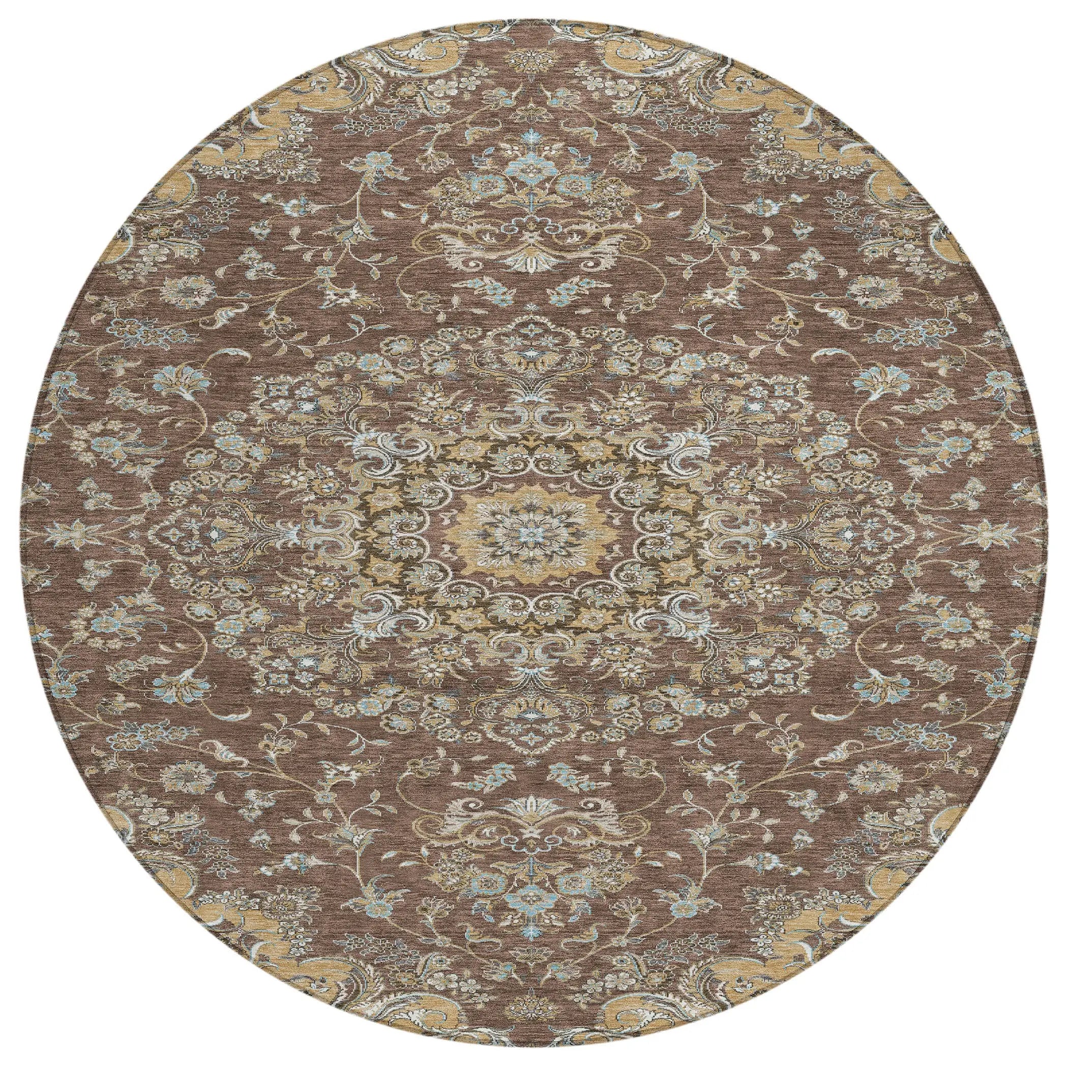 8' Chocolate And Copper Round Floral Medallion Washable Indoor Outdoor Area Rug Homeroots Outdoor