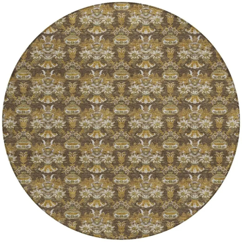 8' Chocolate And Copper Round Floral Washable Indoor Outdoor Area Rug Homeroots Outdoor