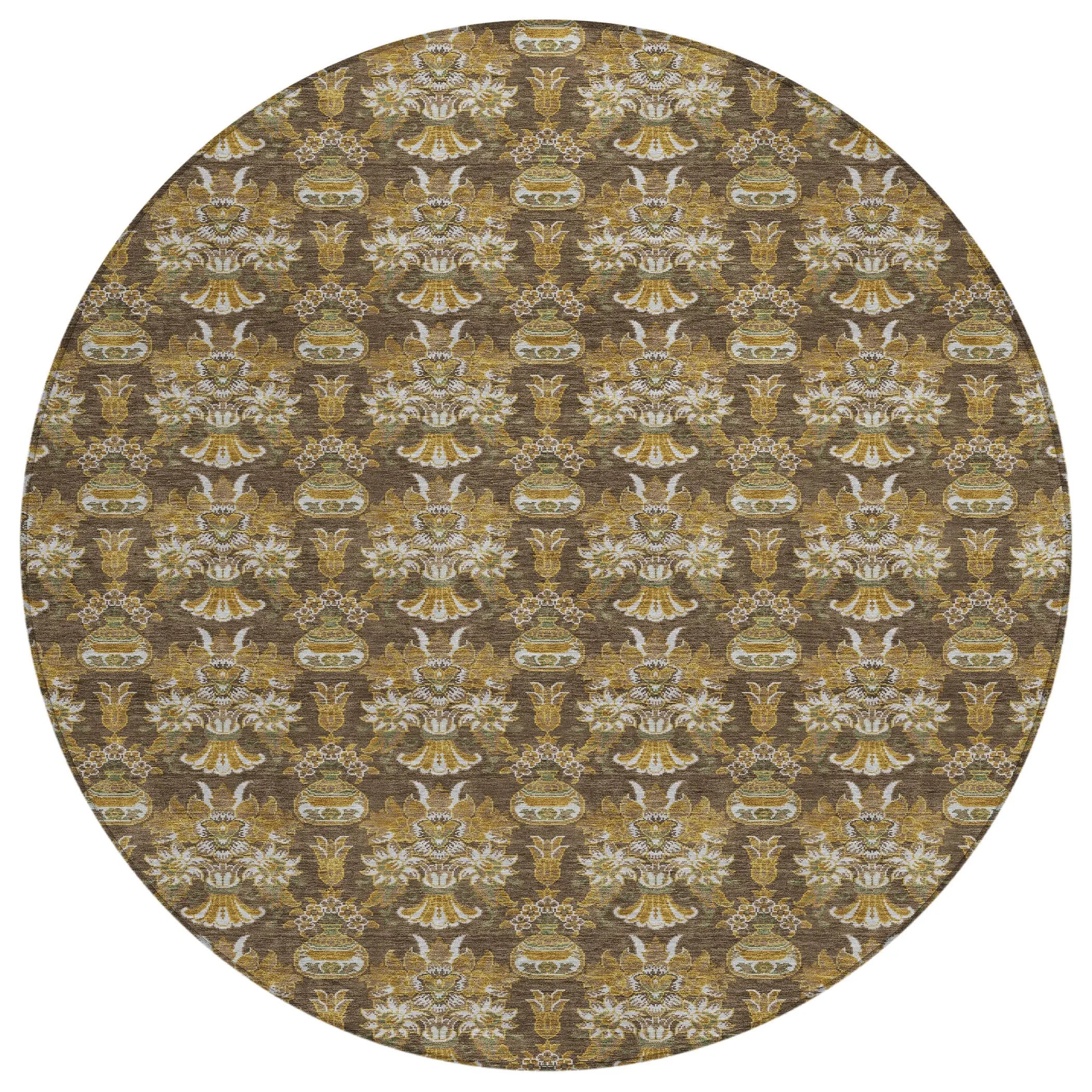 8' Chocolate And Copper Round Floral Washable Indoor Outdoor Area Rug Homeroots Outdoor