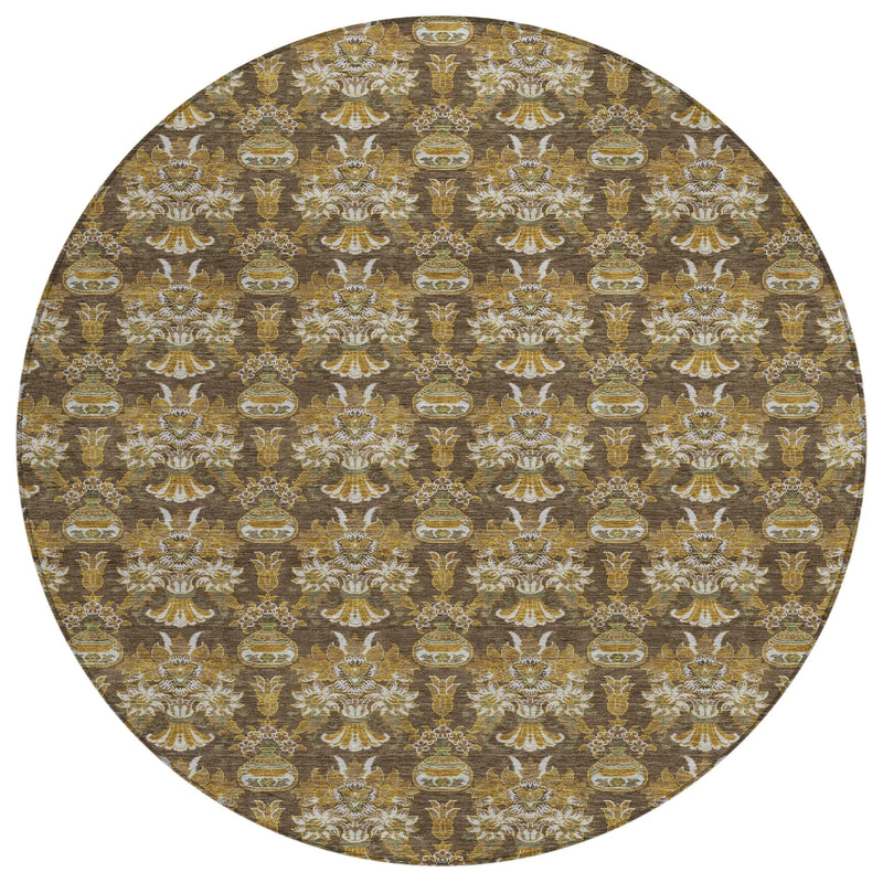 8' Chocolate And Copper Round Floral Washable Indoor Outdoor Area Rug Homeroots Outdoor