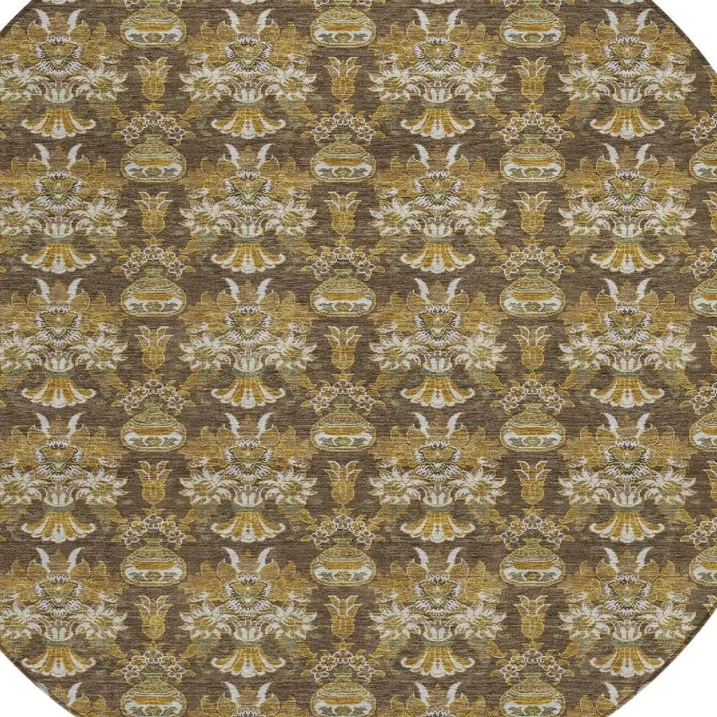 8' Chocolate And Copper Round Floral Washable Indoor Outdoor Area Rug Homeroots Outdoor