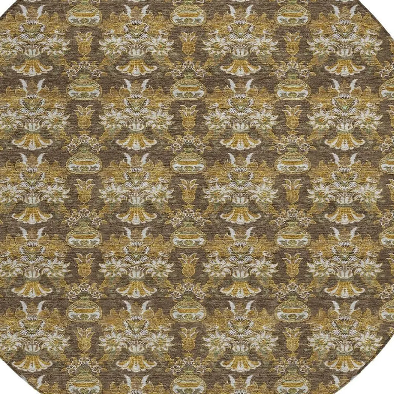8' Chocolate And Copper Round Floral Washable Indoor Outdoor Area Rug Homeroots Outdoor