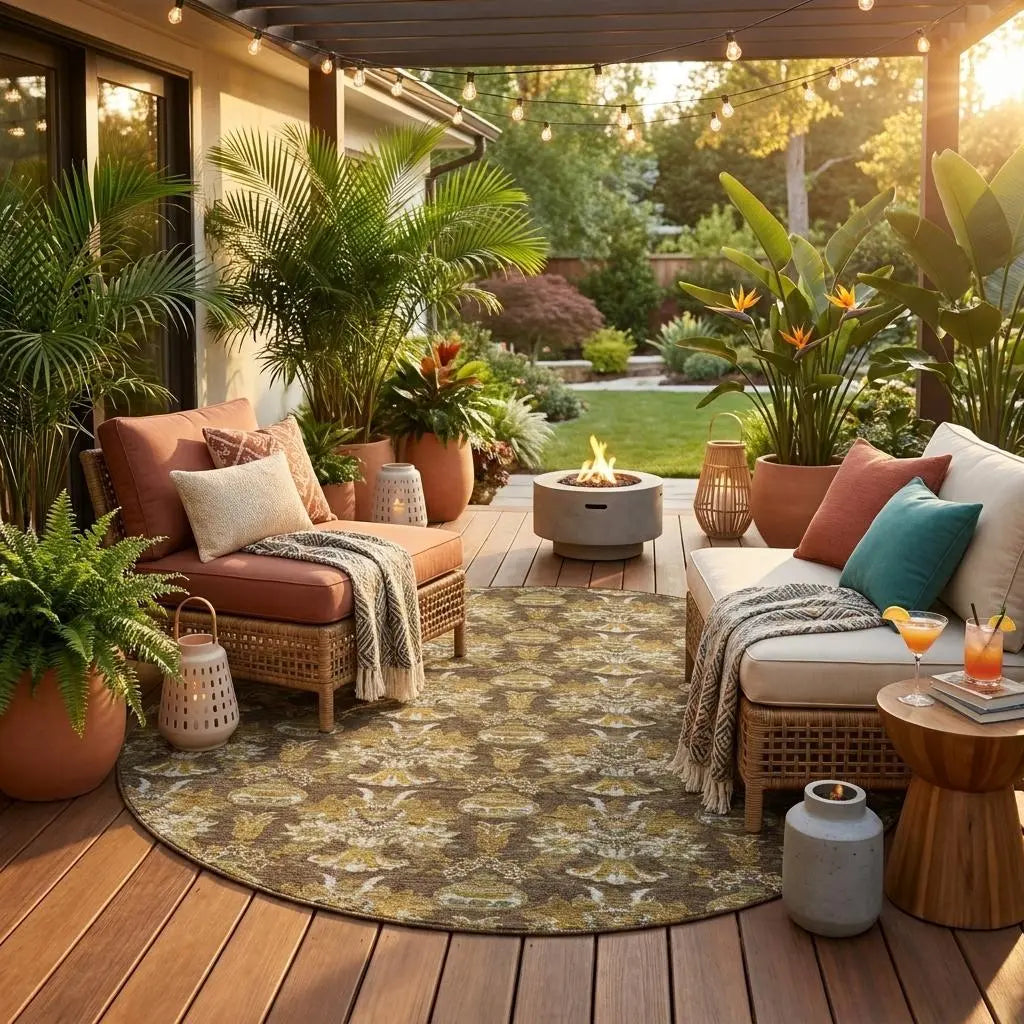 8' Chocolate And Copper Round Floral Washable Indoor Outdoor Area Rug Homeroots Outdoor