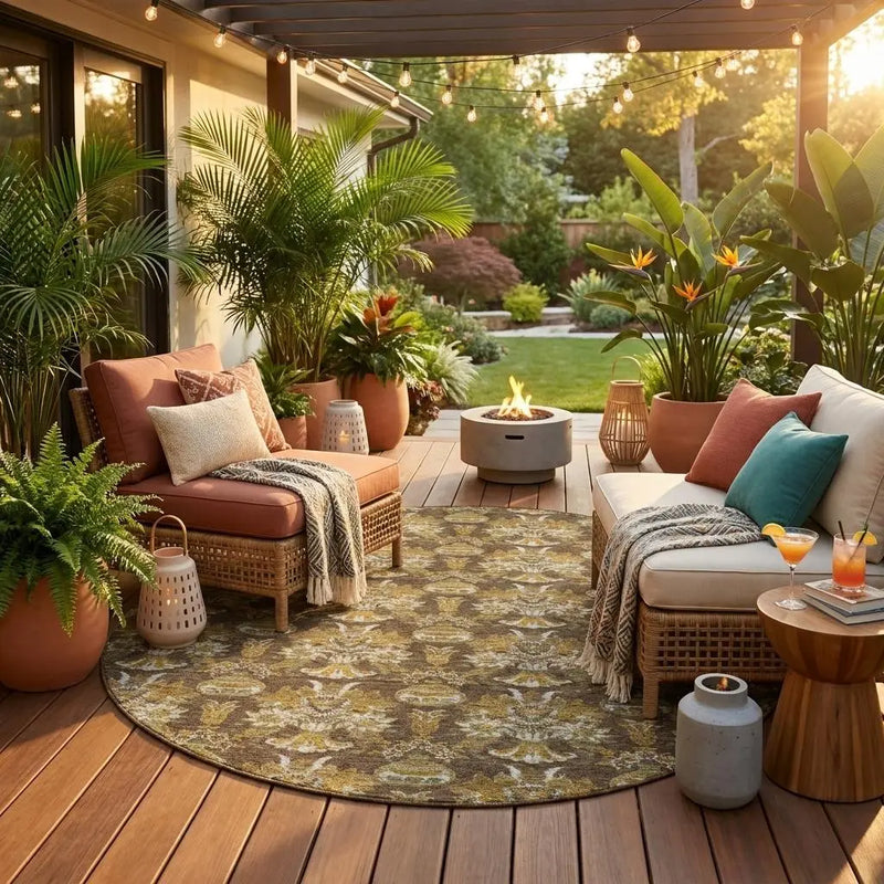 8' Chocolate And Copper Round Floral Washable Indoor Outdoor Area Rug Homeroots Outdoor