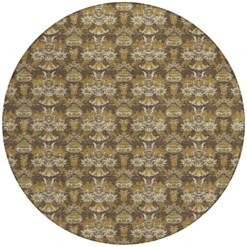 8' Chocolate And Copper Round Floral Washable Indoor Outdoor Area Rug Homeroots Outdoor