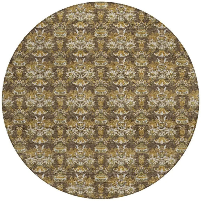 8' Chocolate And Copper Round Floral Washable Indoor Outdoor Area Rug Homeroots Outdoor