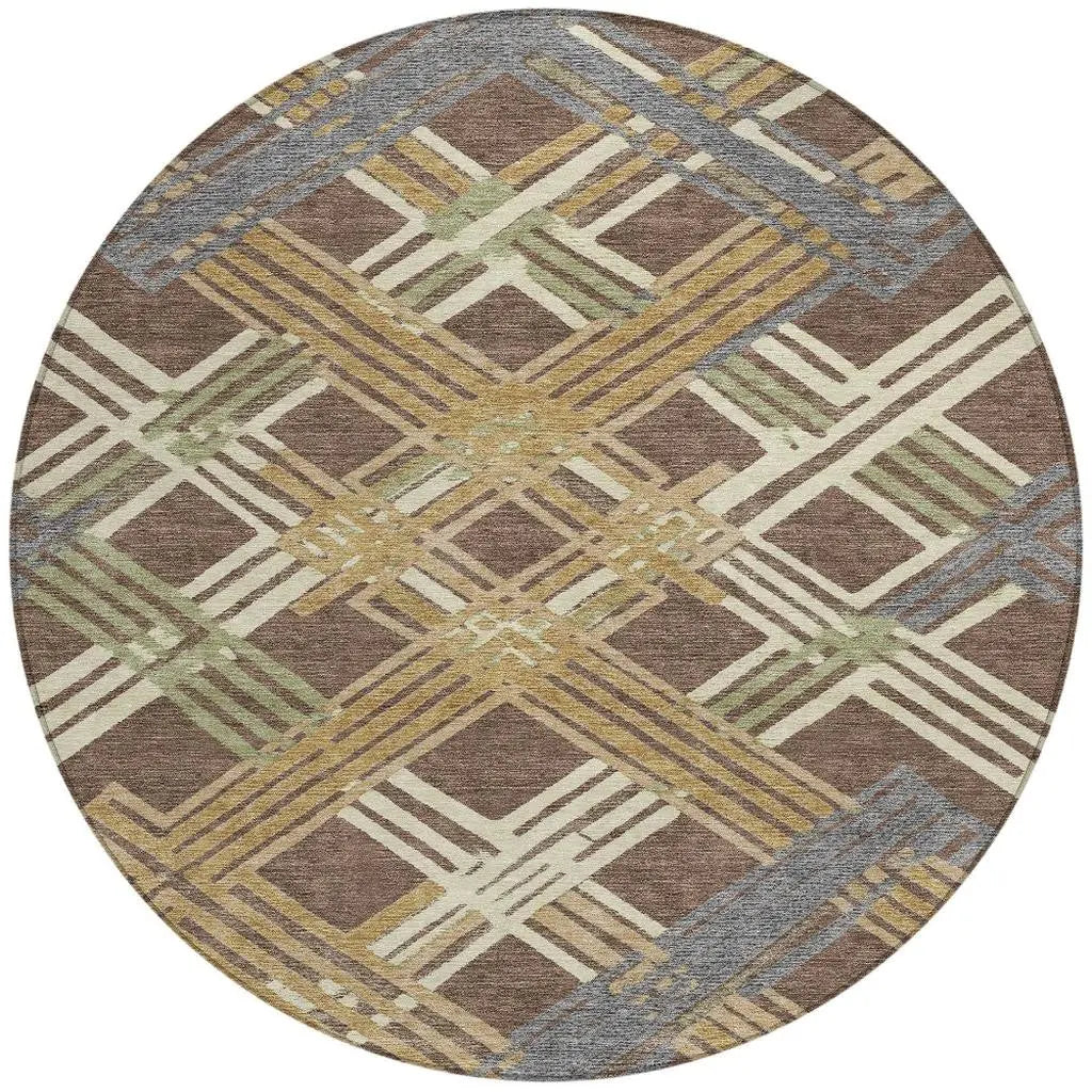 8' Chocolate And Gold Round Geometric Washable Indoor Outdoor Area Rug Homeroots Outdoor