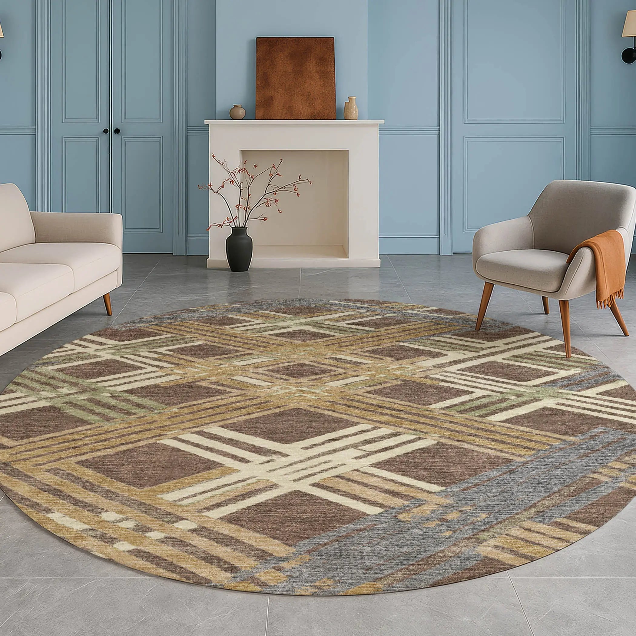 8' Chocolate And Gold Round Geometric Washable Indoor Outdoor Area Rug Homeroots Outdoor