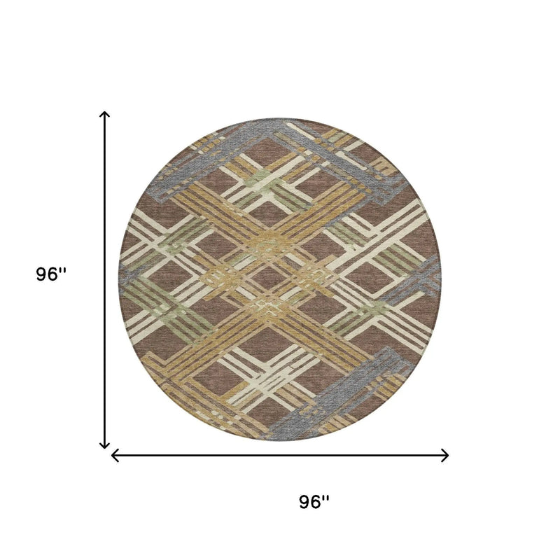 8' Chocolate And Gold Round Geometric Washable Indoor Outdoor Area Rug Homeroots Outdoor
