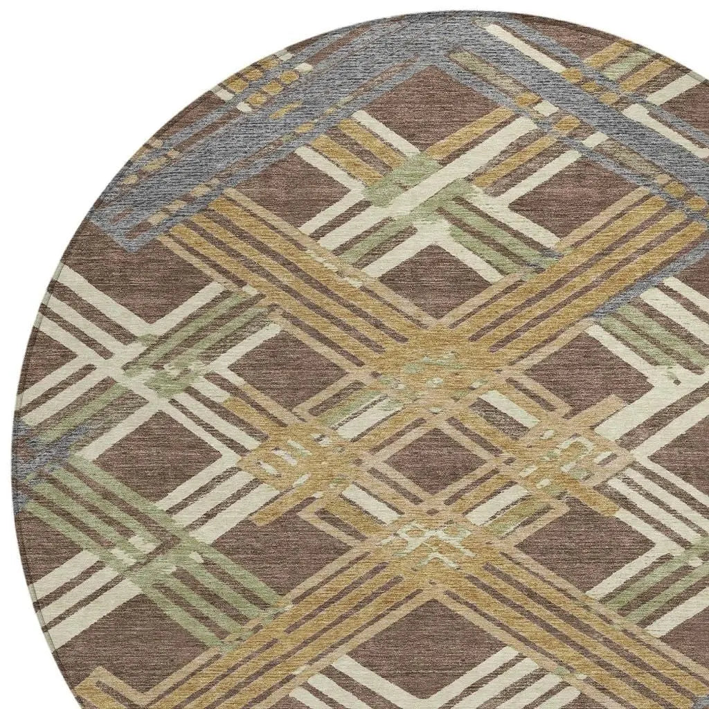 8' Chocolate And Gold Round Geometric Washable Indoor Outdoor Area Rug Homeroots Outdoor