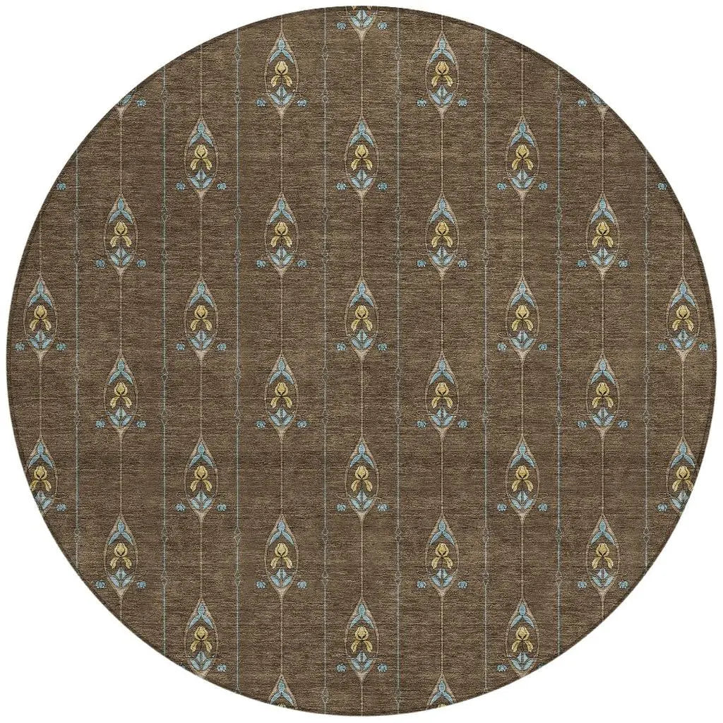 8' Chocolate And Gold Round Geometric Washable Indoor Outdoor Area Rug Homeroots Outdoor