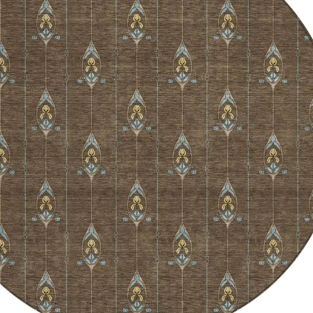 8' Chocolate And Gold Round Geometric Washable Indoor Outdoor Area Rug Homeroots Outdoor