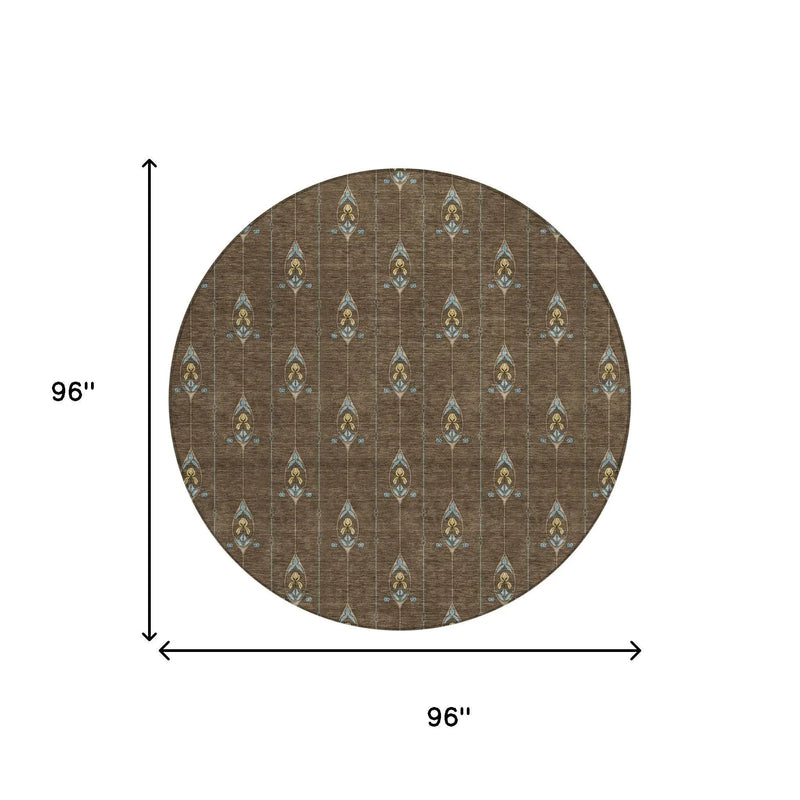 8' Chocolate And Gold Round Geometric Washable Indoor Outdoor Area Rug Homeroots Outdoor