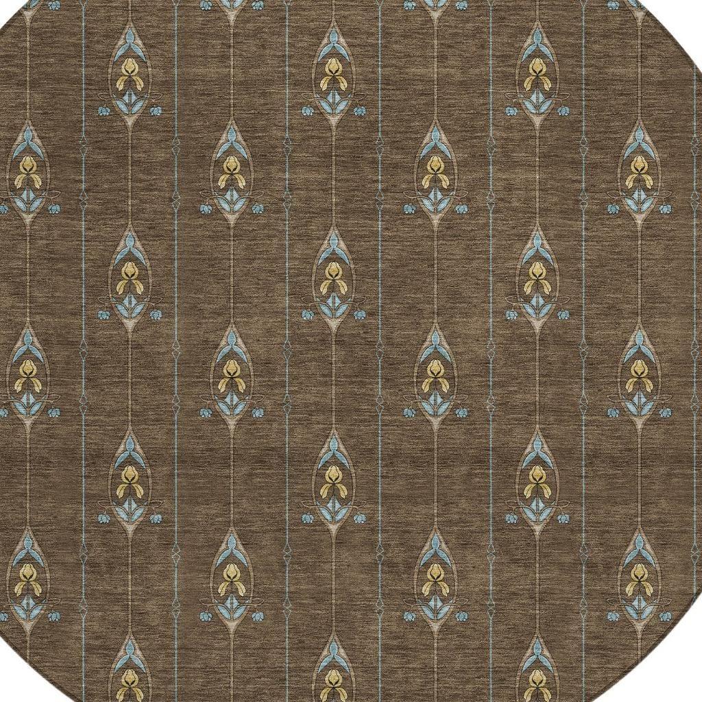 8' Chocolate And Gold Round Geometric Washable Indoor Outdoor Area Rug Homeroots Outdoor