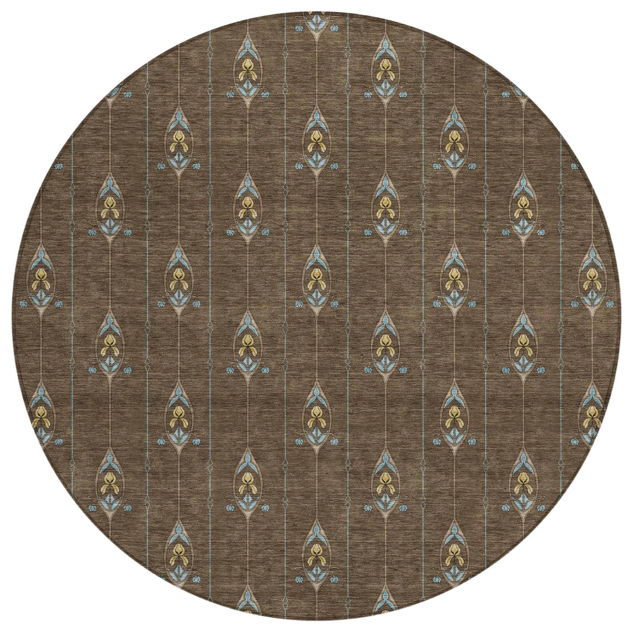 8' Chocolate And Gold Round Geometric Washable Indoor Outdoor Area Rug Homeroots Outdoor